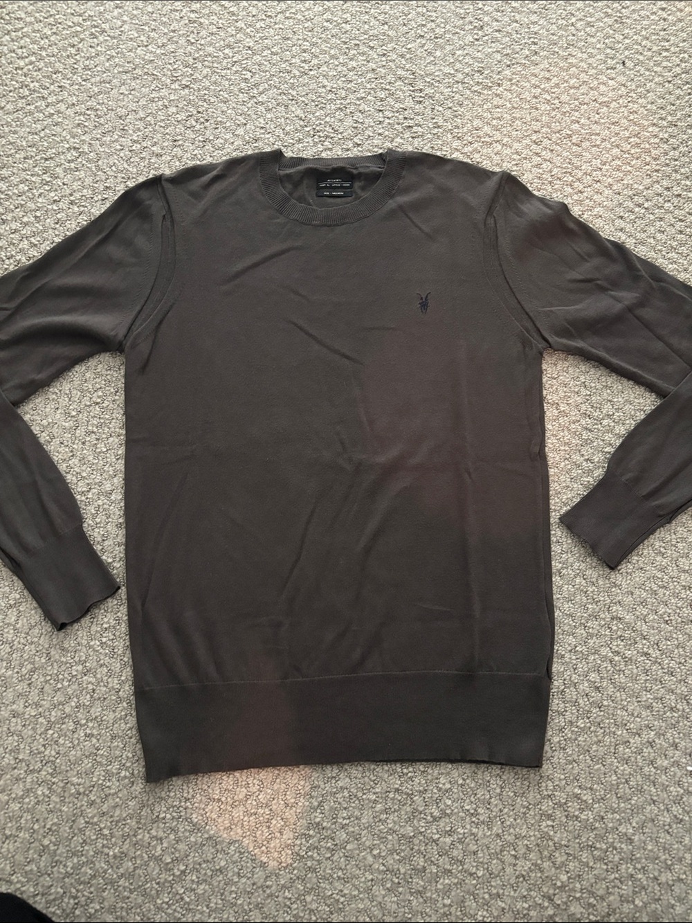 AllSaints Men's Crewneck Sweater in Dark Brown with Navy Logo